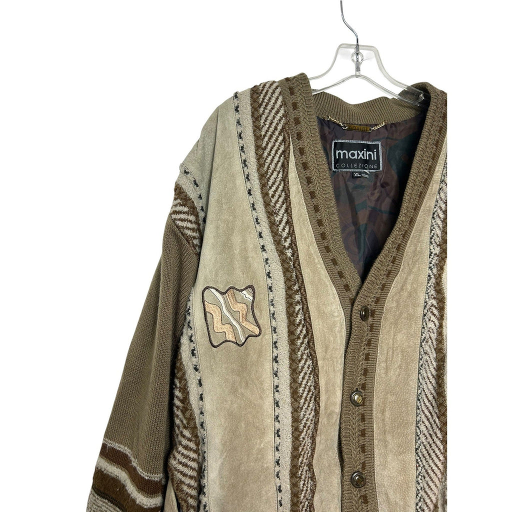 Vintage Maxini Collezione Suede 3D Knit Cardigan Jacket Mens XL Brown Tan patch