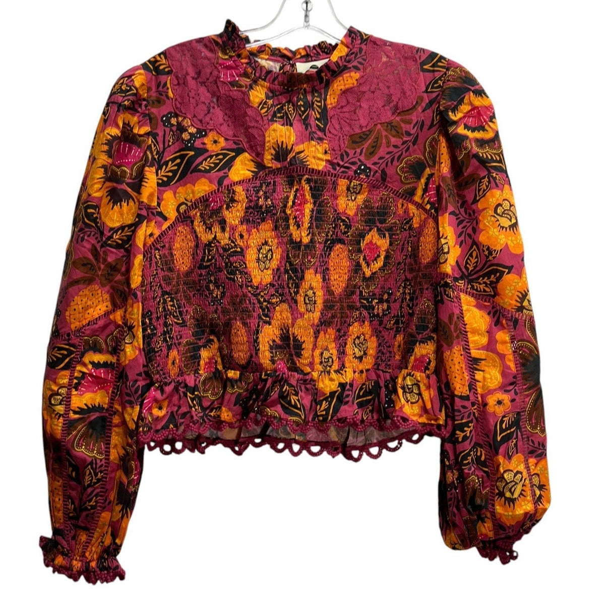 Farm Rio Garden Bloom Smocked Floral Crop Blouse Pink Orange Size M