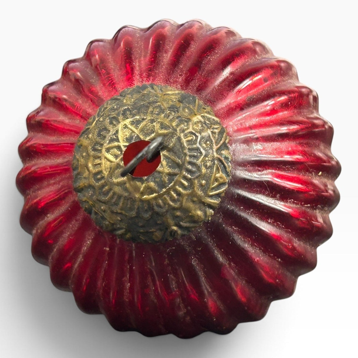 Vintage Ruby Red Mercury Glass Ribbed Teardrop Christmas Ornament Brass Cap