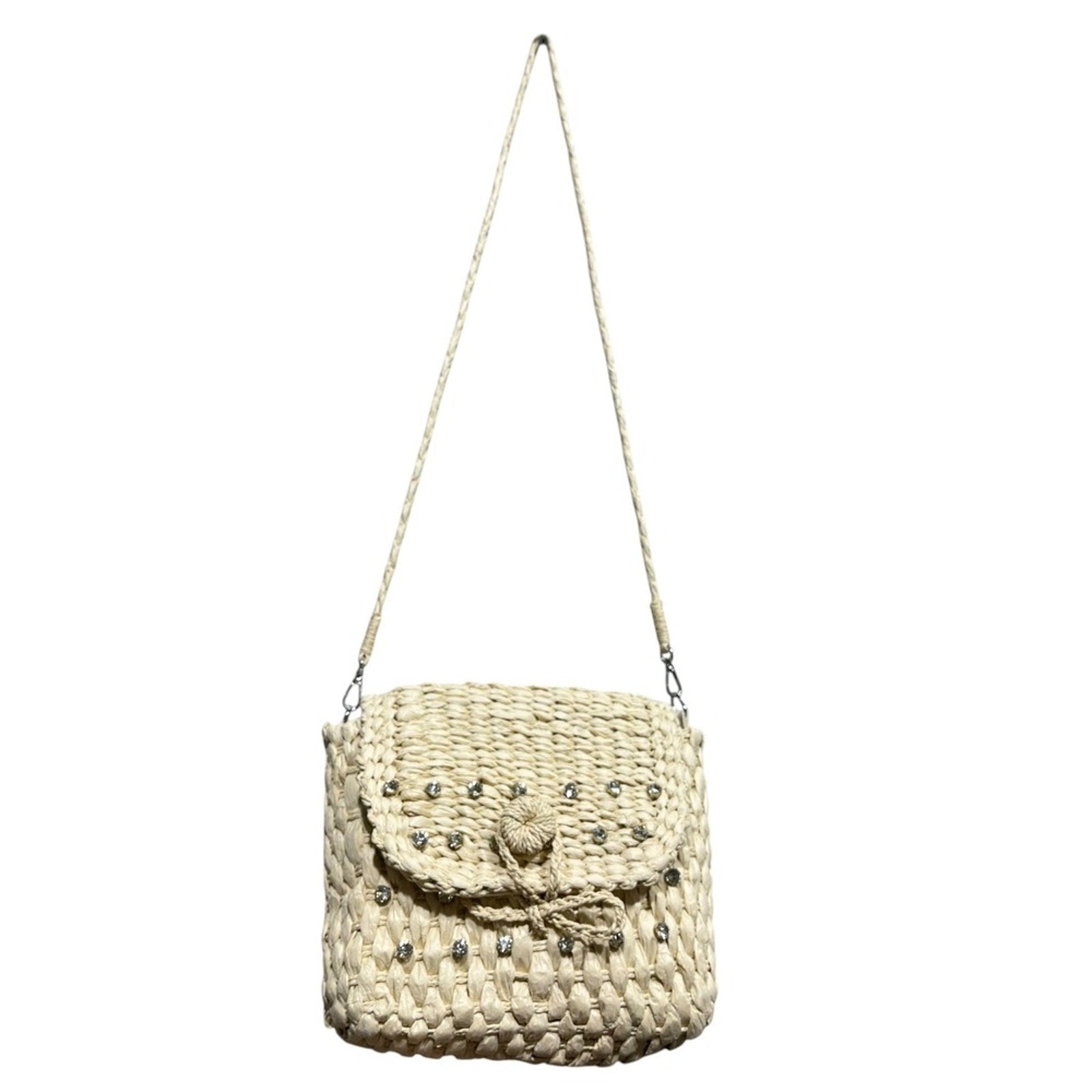 Anthropologie Straw Woven Crossbody Bag Rhinestone Studded Flap Closure