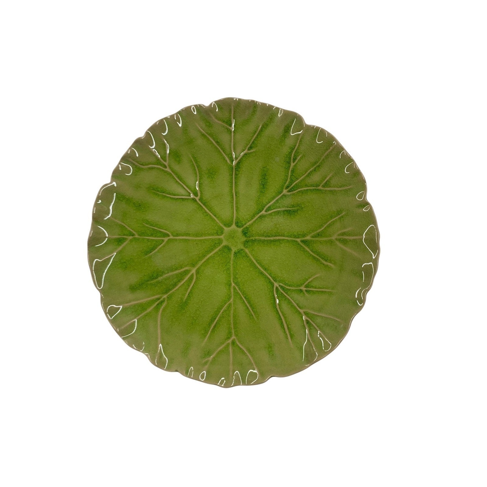 Anthropologie Green Lilypad Dessert Plate Scalloped Crackle Glaze Stoneware 11"
