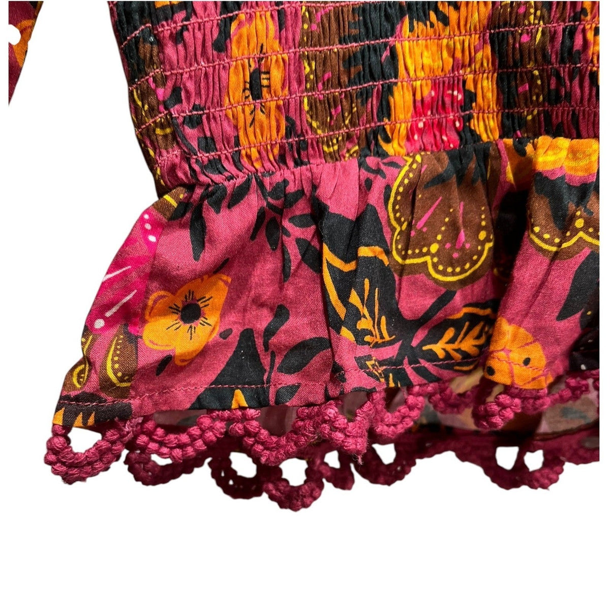 Farm Rio Garden Bloom Smocked Floral Crop Blouse Pink Orange Size M