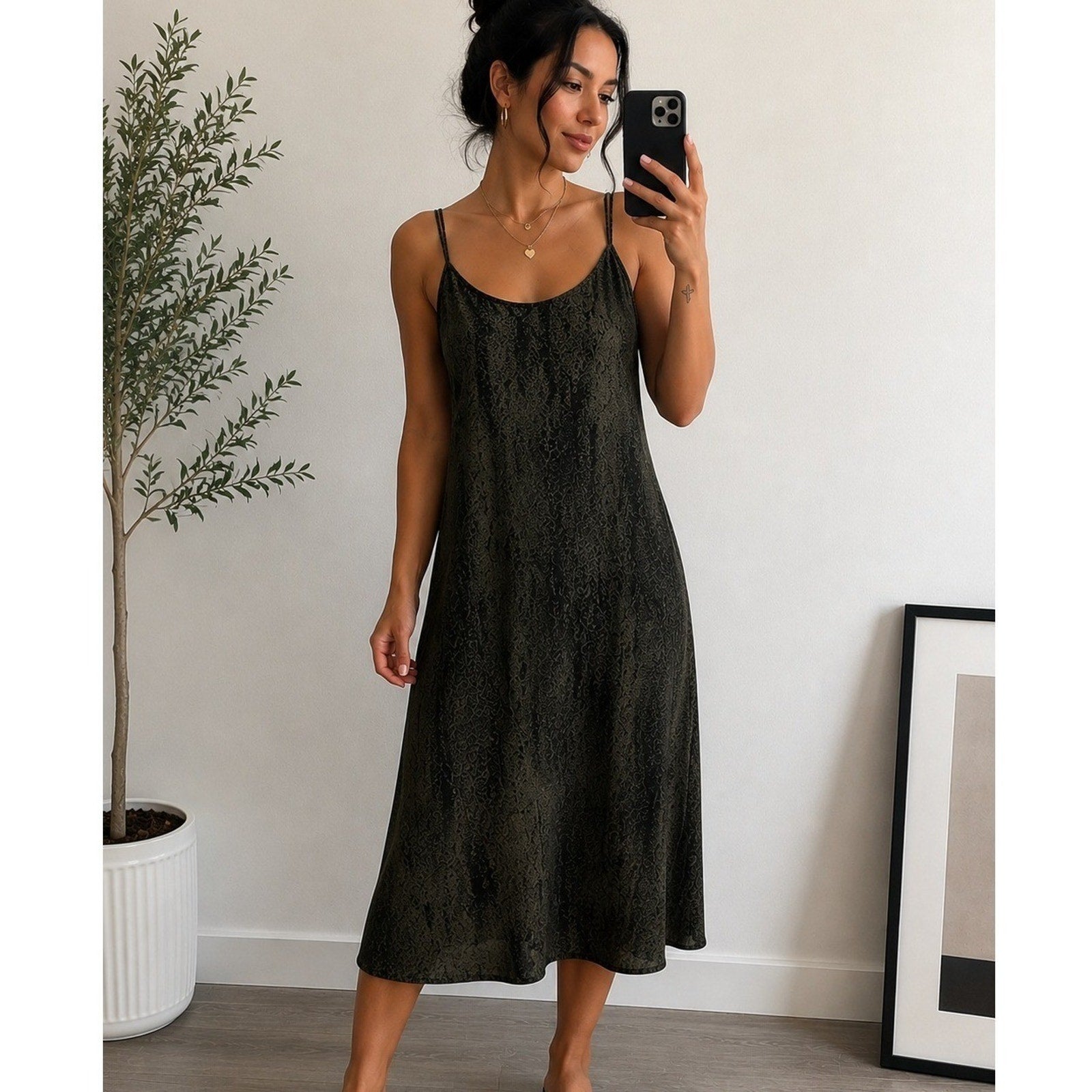 ATM Black Green Snakeskin Slip Dress Midi Adjustable Straps M grunge 90's