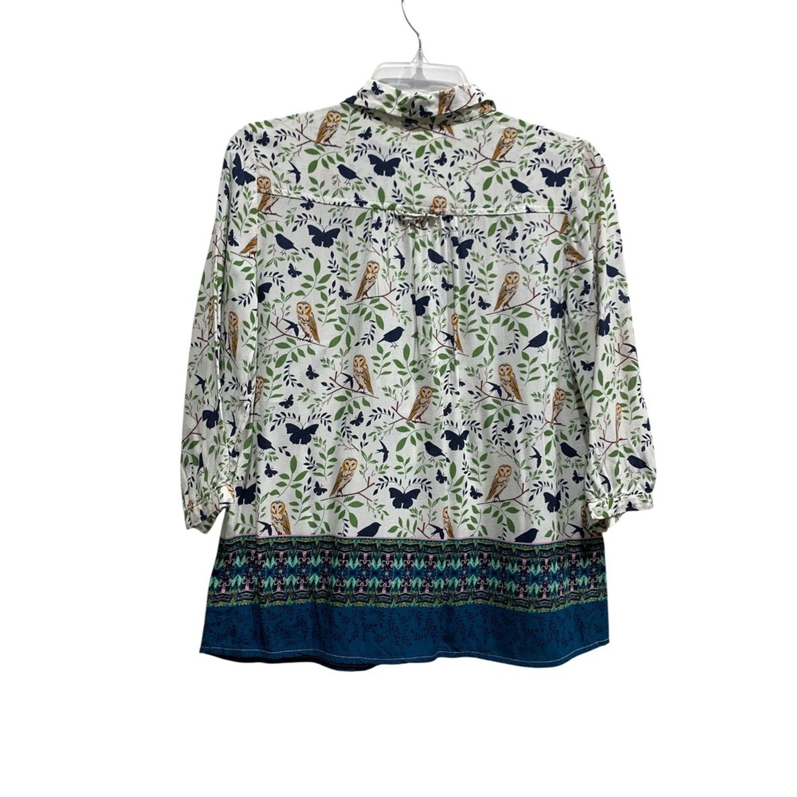 Anthropologie Maeve Woodland Walk Owl Butterfly Print Button SZ 8P