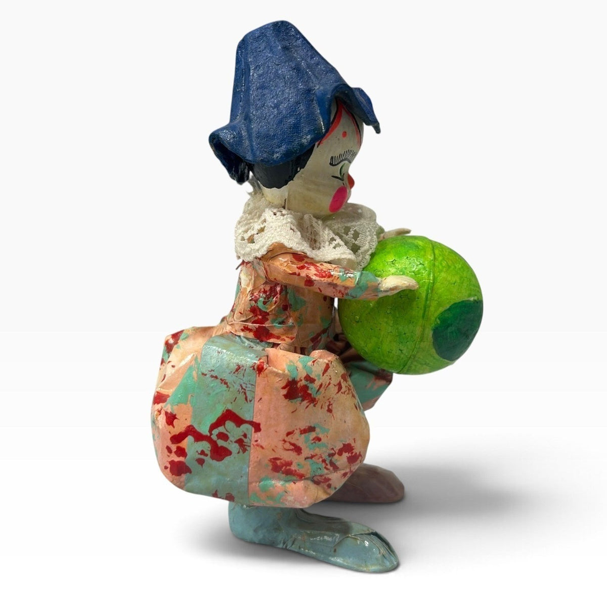 Vintage Papier Mache Clown Figurine Hand Painted Folk Art Jester Circus Decor