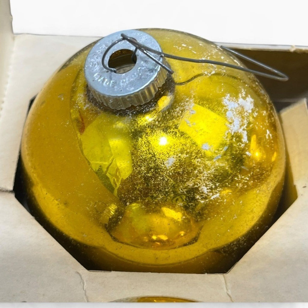 Vintage Jumbo Shiny Brite Gold Glass Christmas Ornaments 3in Made in USA Box