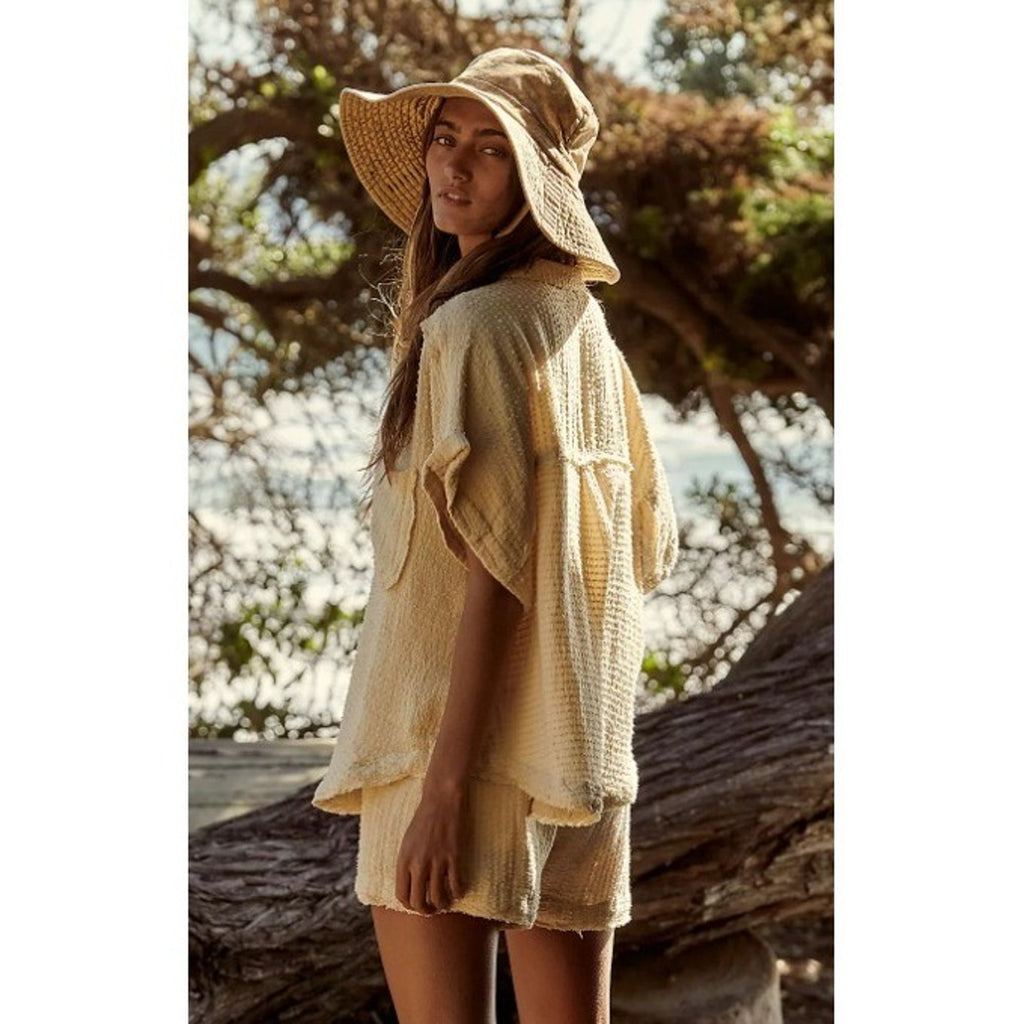 Free People Hop Aboard One-Piece Cream Textured Waffle Knit romper S boho lounge
