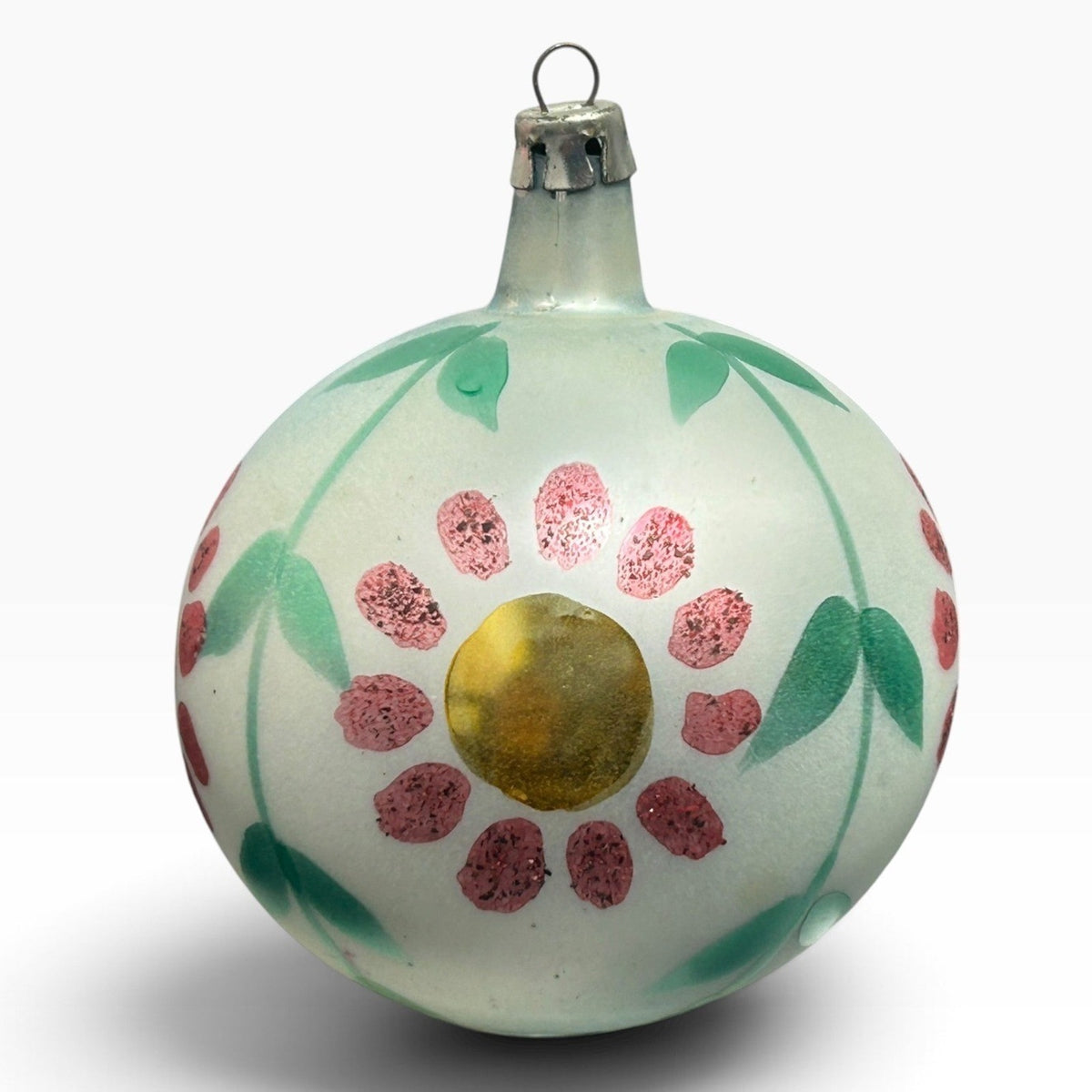 Vintage Poland Glass Christmas Ornament Hand Painted Floral Pink Green 2.5"