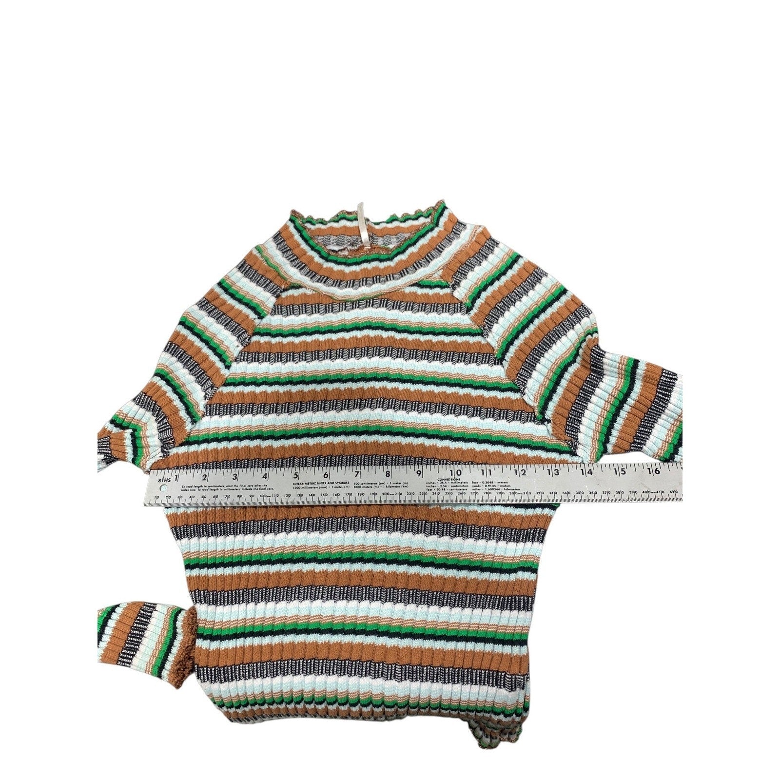 Free People Ribbed Knit Mock Neck Striped Long Sleeve Top Brown Green Large L