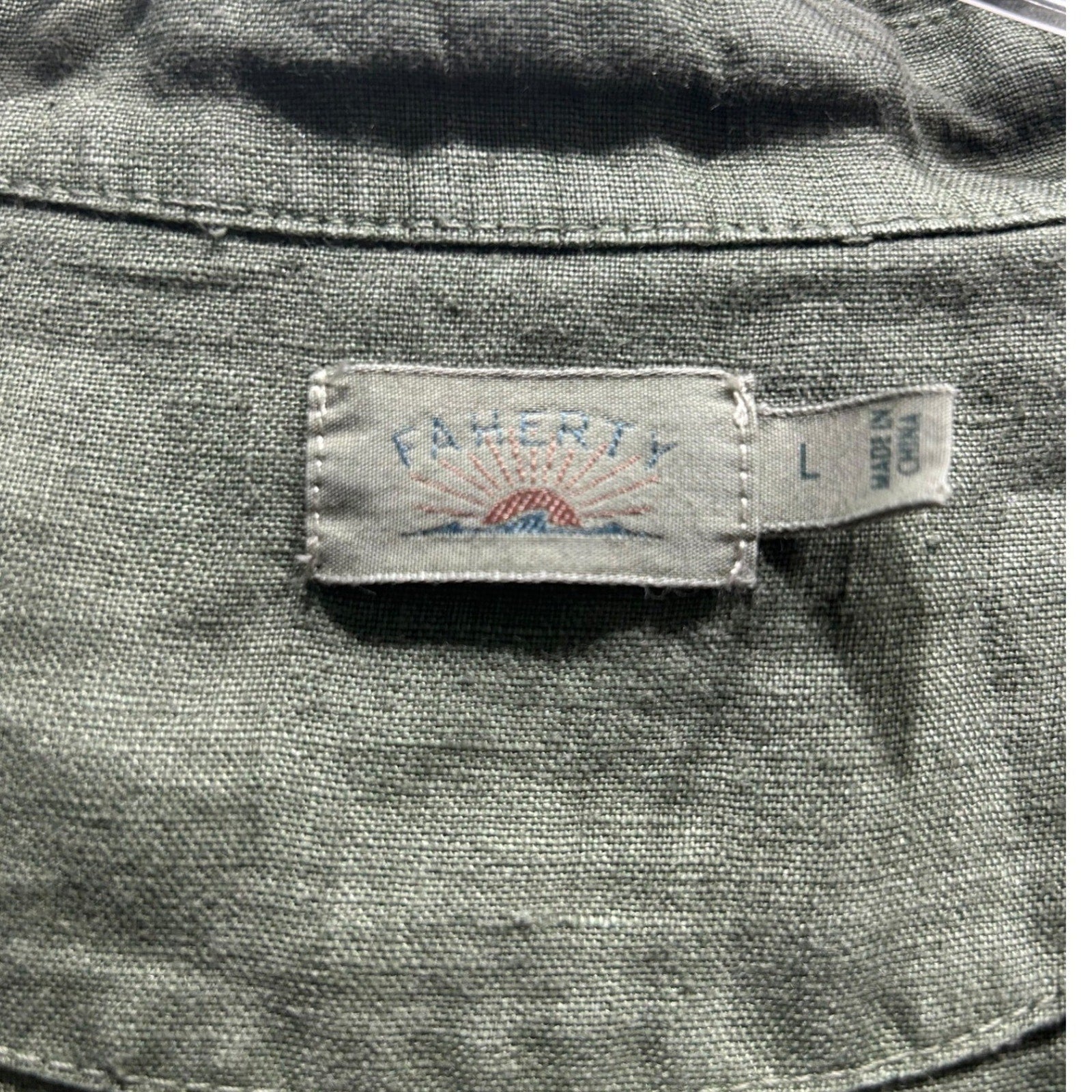 Faherty Mens 100% Linen Short Sleeve Camp Collar Shirt Thyme Green Large WDU2549
