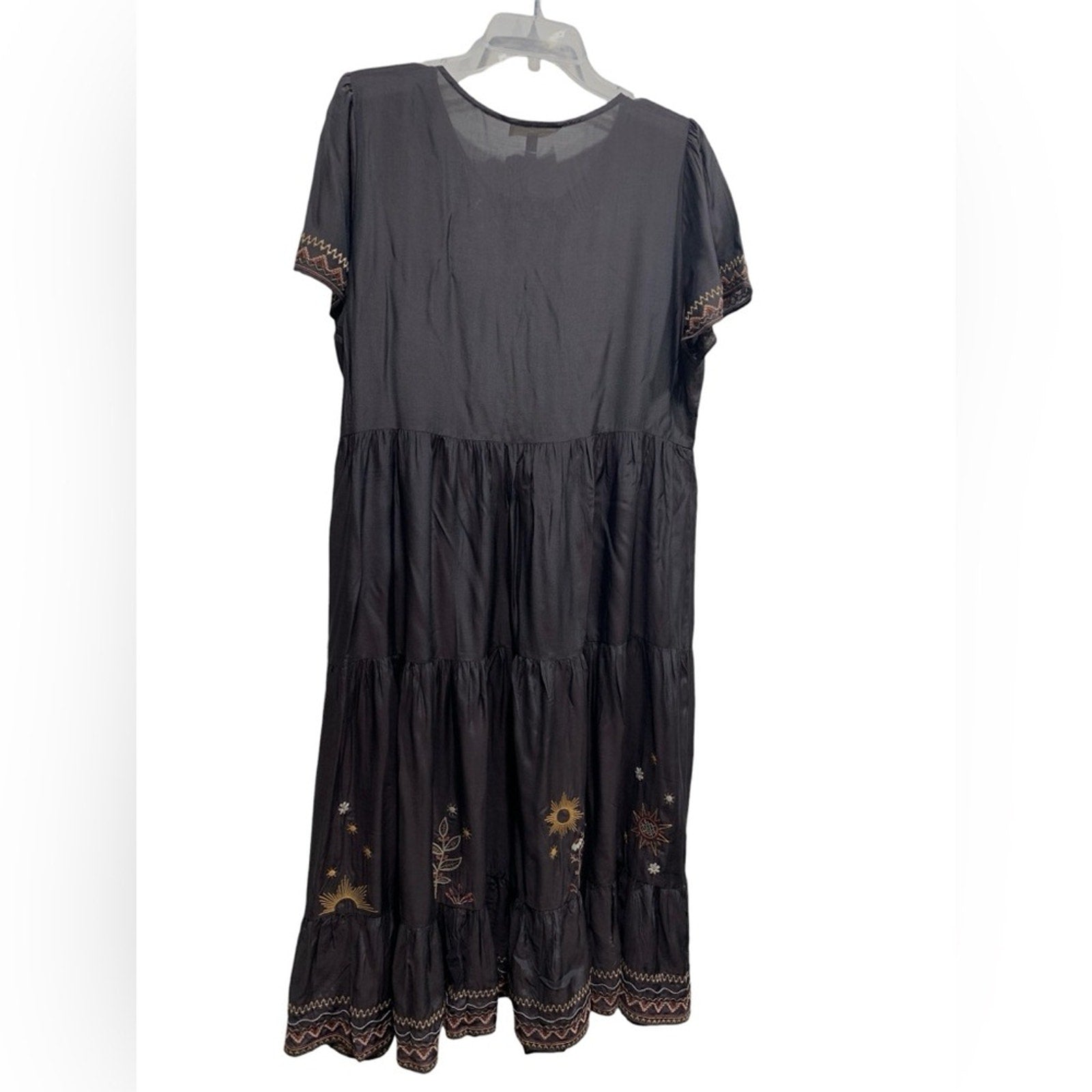 Johnny Was Calme Silk Tiered Embroidered Maxi Dr SZ M Dark Brown/Black With Slip