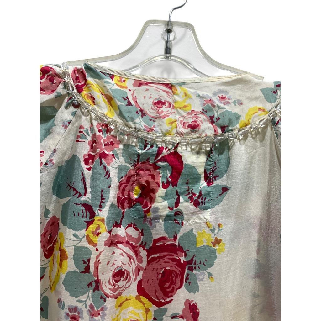 Johnny Was Silk Floral Tunic Dress XS Beaded Neckline Polka Dot Hem Vintage