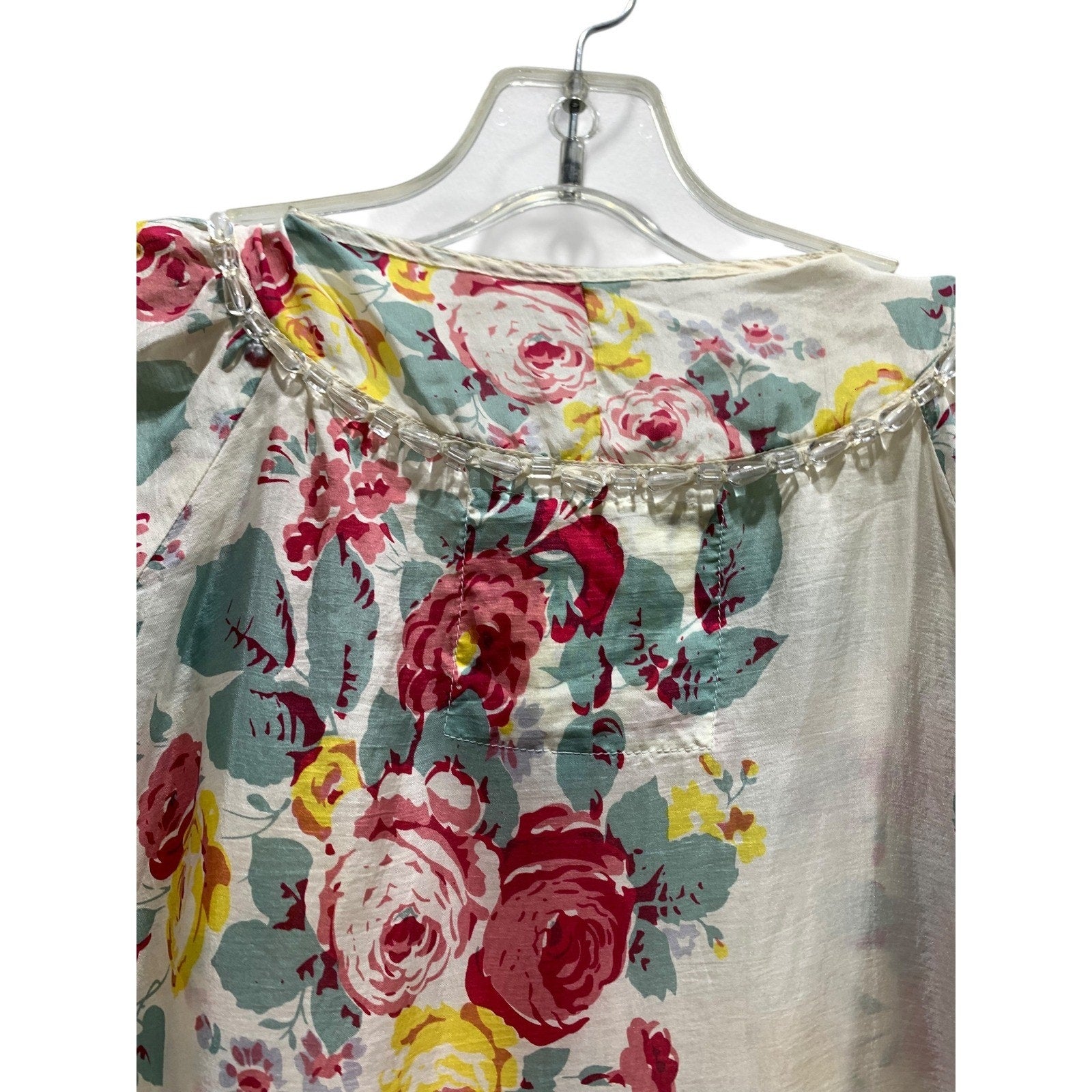 Johnny Was Silk Floral Tunic Dress XS Beaded Neckline Polka Dot Hem Vintage