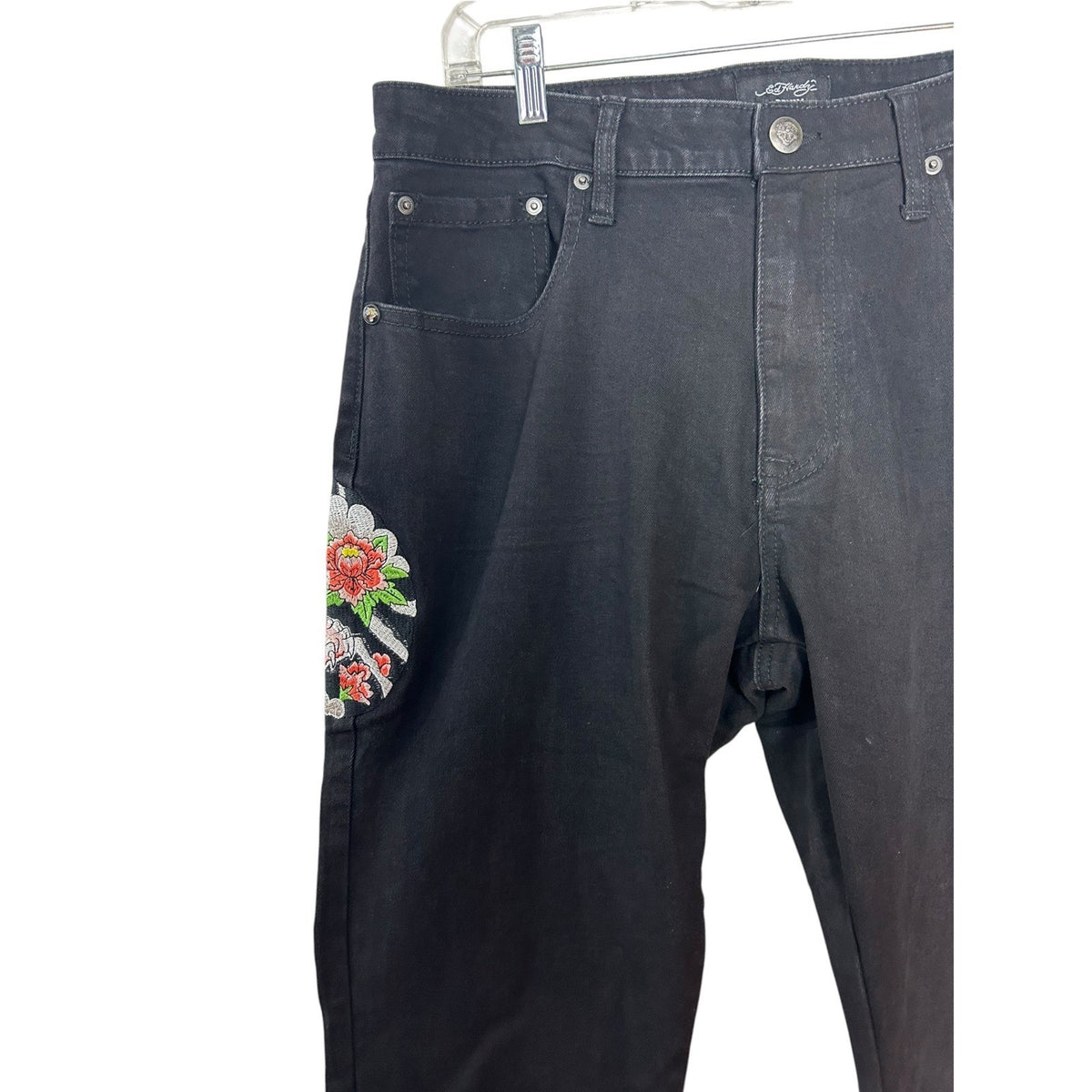 Ed Hardy Black Embroidered Foo Dog Jeans Mens 36 Y2K Streetwear Tattoo street