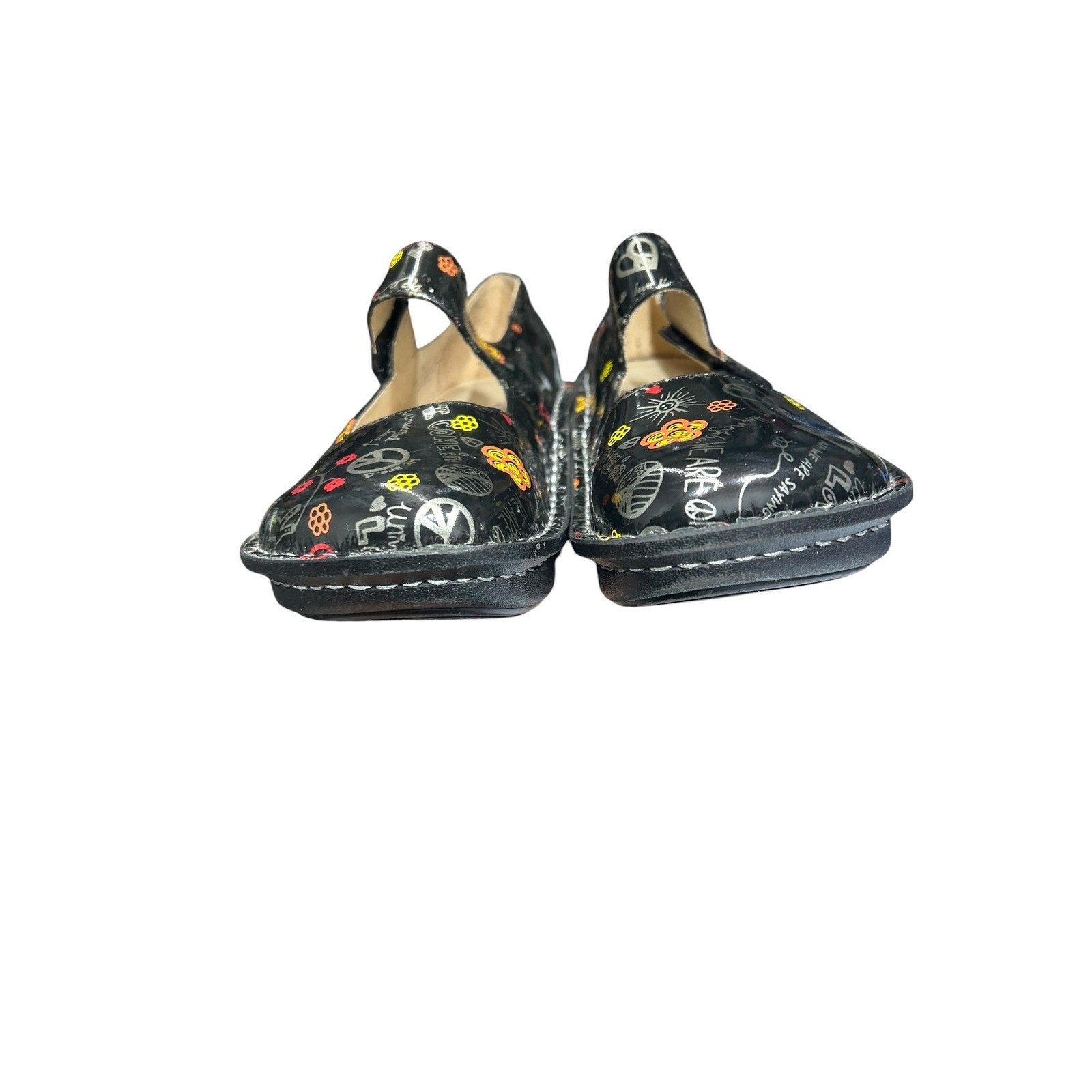 Alegria Paloma Black Peace Love Doodle Leather Mary Jane Clogs Shoes Womens 38
