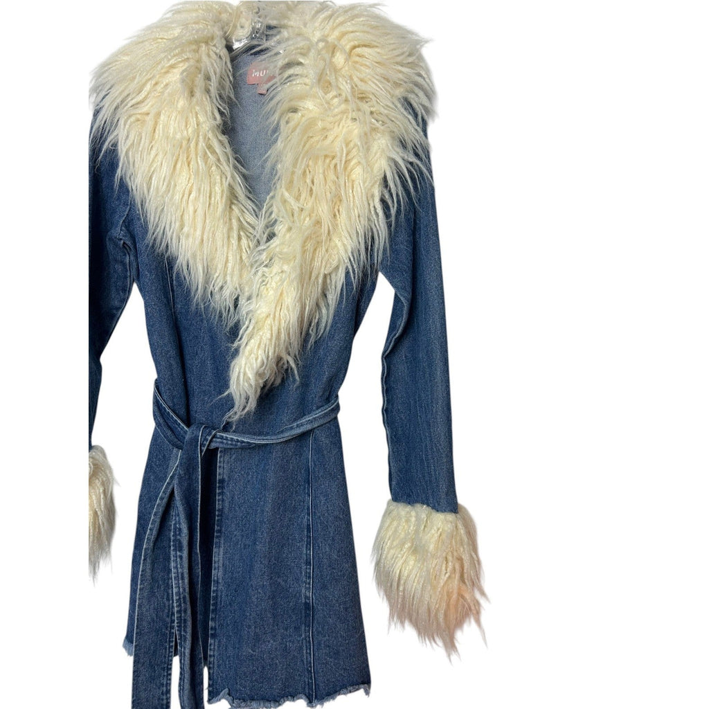 Show Me Your Mumu Penny Lane Coat Blue Denim Faux Fur Trim Wrap Jacket XS 70s