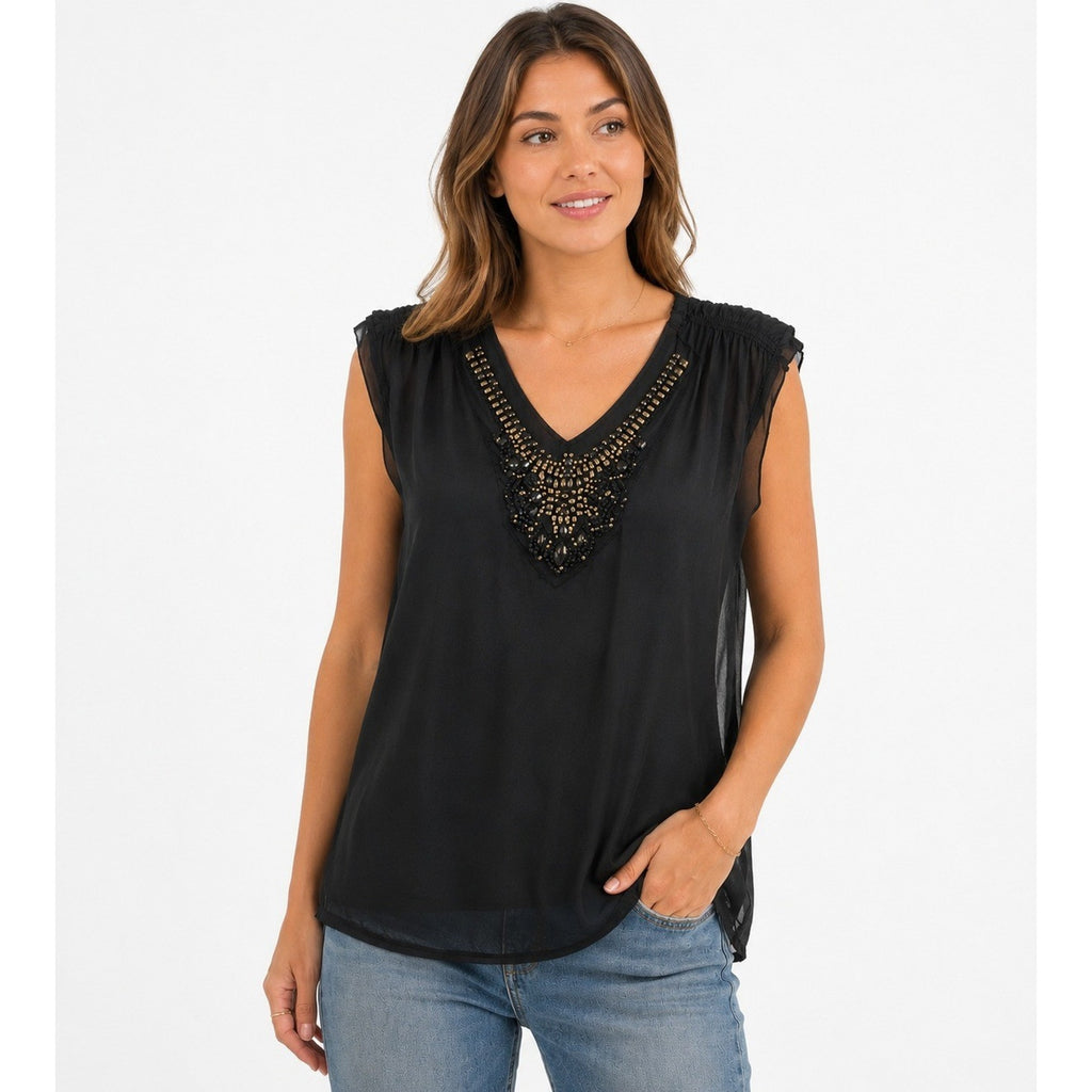 Bird by Juicy Couture Black Silk Embellished V-Neck Sleeveless Blouse Size M