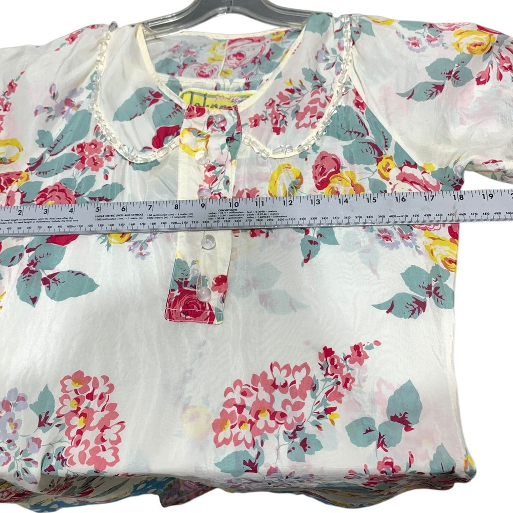 Johnny Was Silk Floral Tunic Dress XS Beaded Neckline Polka Dot Hem Vintage