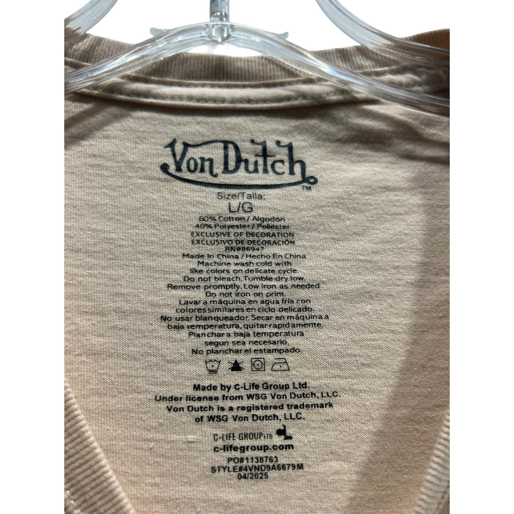 Von Dutch TAN EYEBALL WINGS SHIRT MENS Graphic T-Shirt Tan Beige Large y2k retro