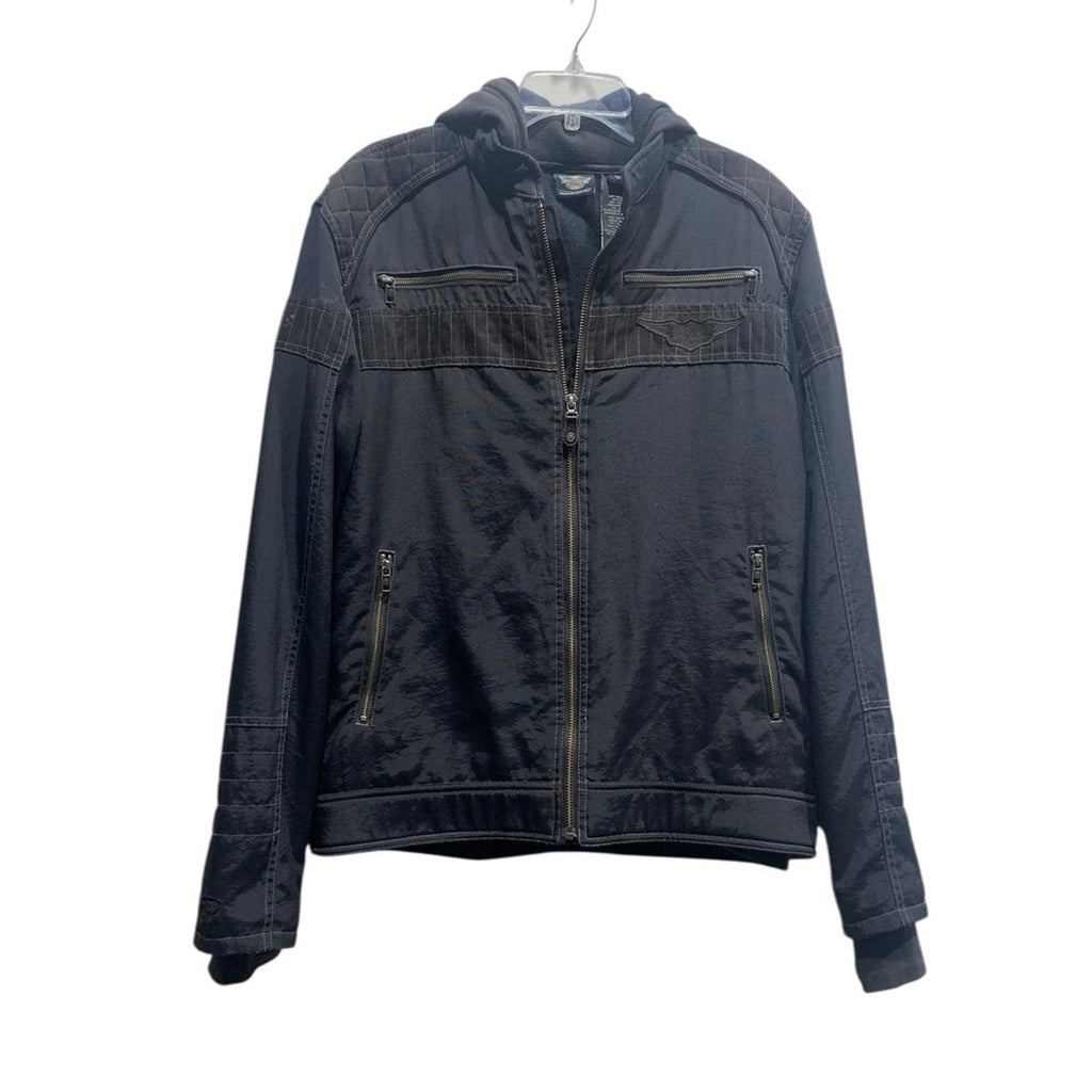 Harley Davidson Mens Tall L Black Hooded Motorcycle Jacket Full Zip Emblem