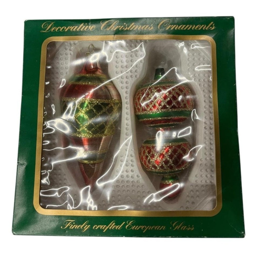 Vintage European Glass Christmas Ornaments Set Red Green Glitter Baubles