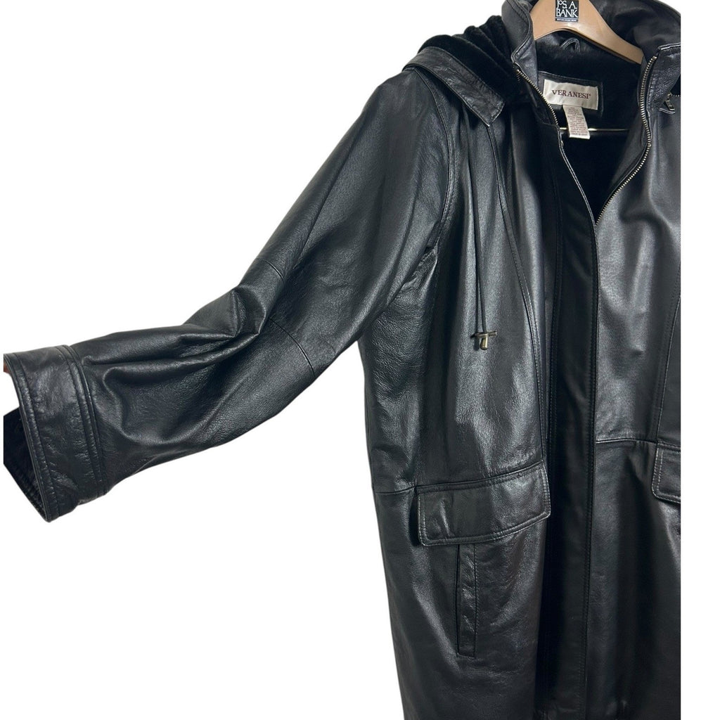 Veranesi Black Genuine Leather Faux Fur Lined Hooded Parka Coat Plus Size 22W