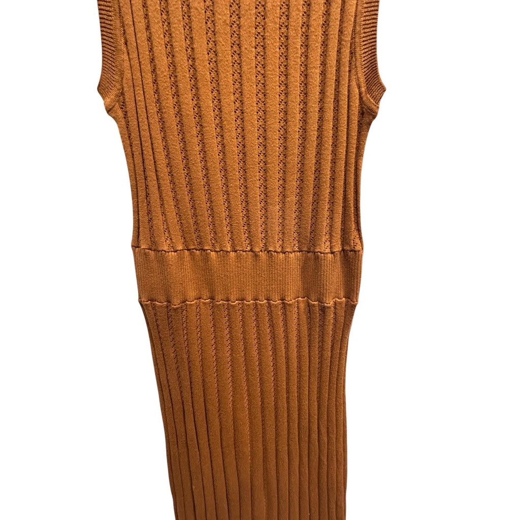 Varley Florian Knit Dress Brown Cotton Pointelle Ribbed Midi Sleeveless Small