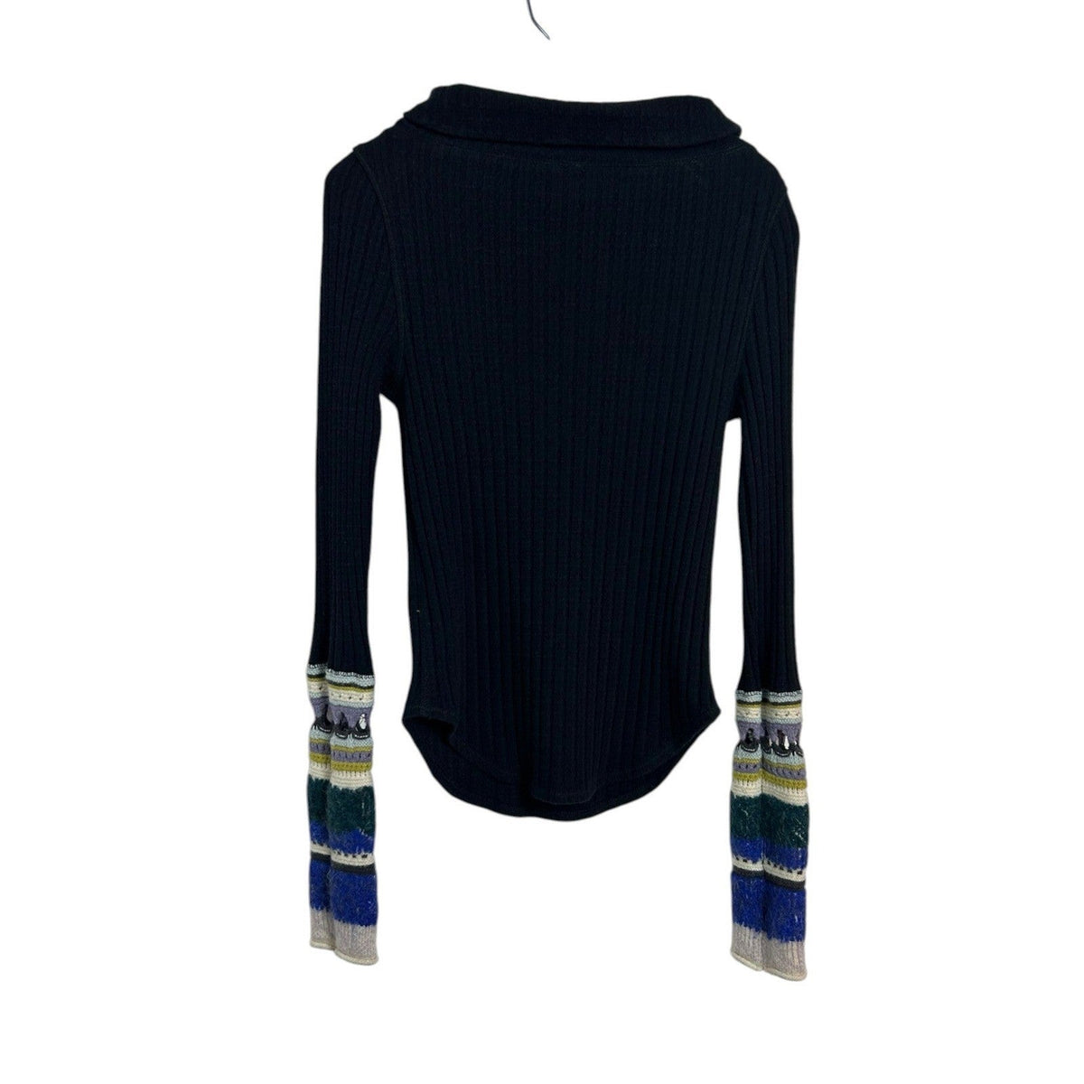 Free People Mixed-Up Cuff Crochet Thermal Sweater Black Cowl Neck Ribbed Top XS