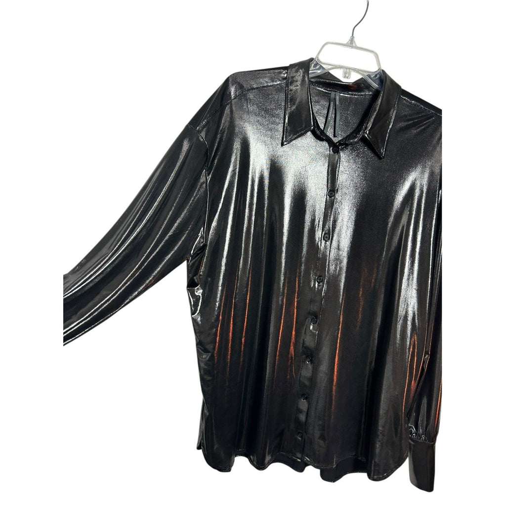 Anthropologie The Gillian Liquid Shine Metallic Buttondown Shirt Charcoal Grey L