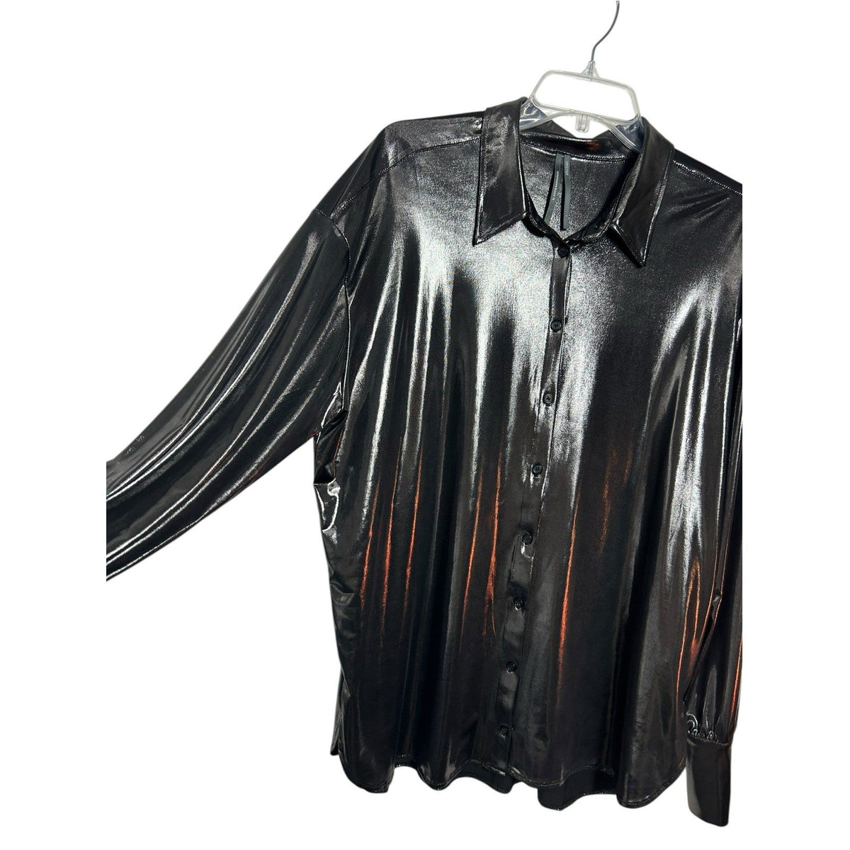 Anthropologie The Gillian Liquid Shine Metallic Buttondown Shirt Charcoal Grey L
