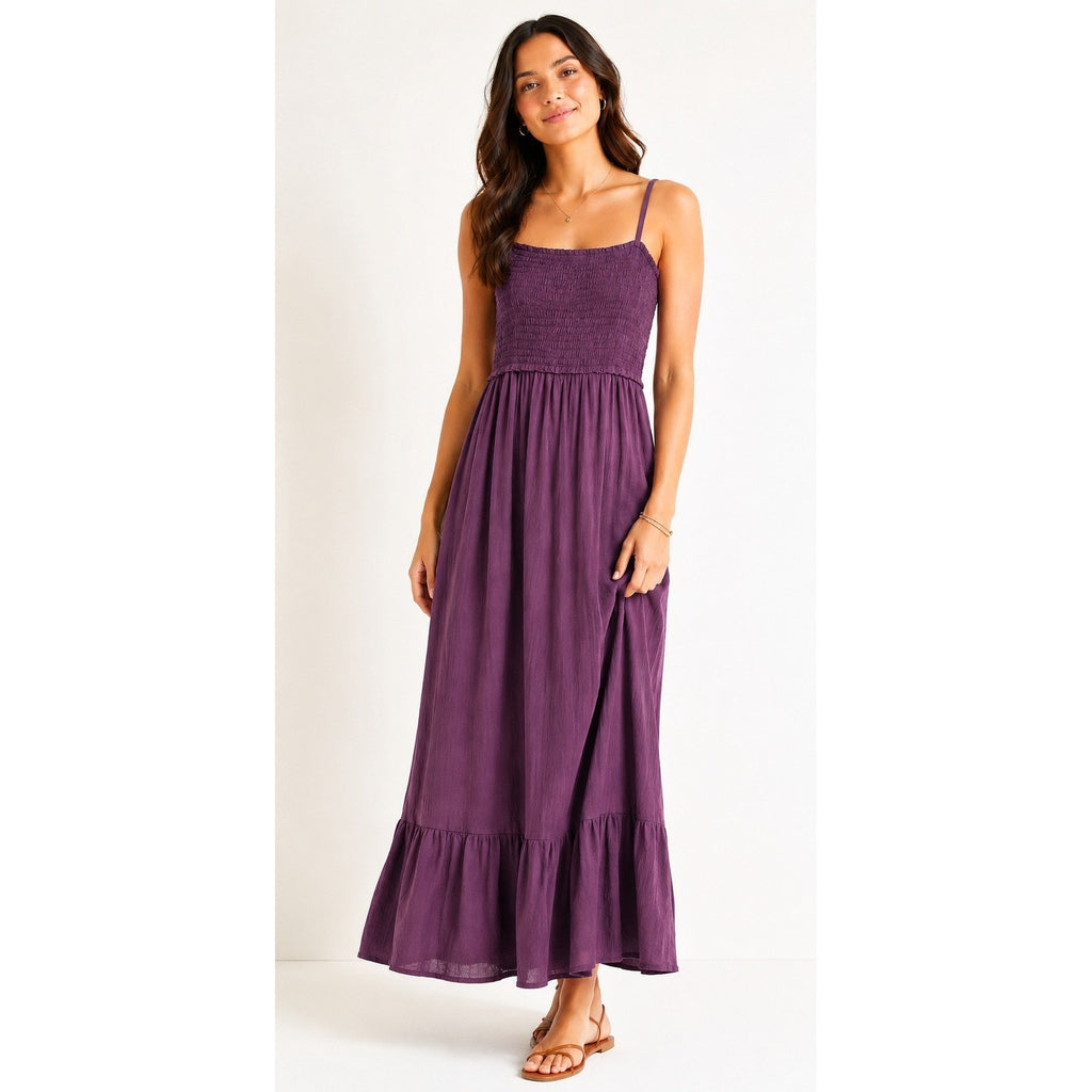 Pact Womens Organic Cotton Smocked Tiered Maxi Dress Plum Purple XS Sleeveless