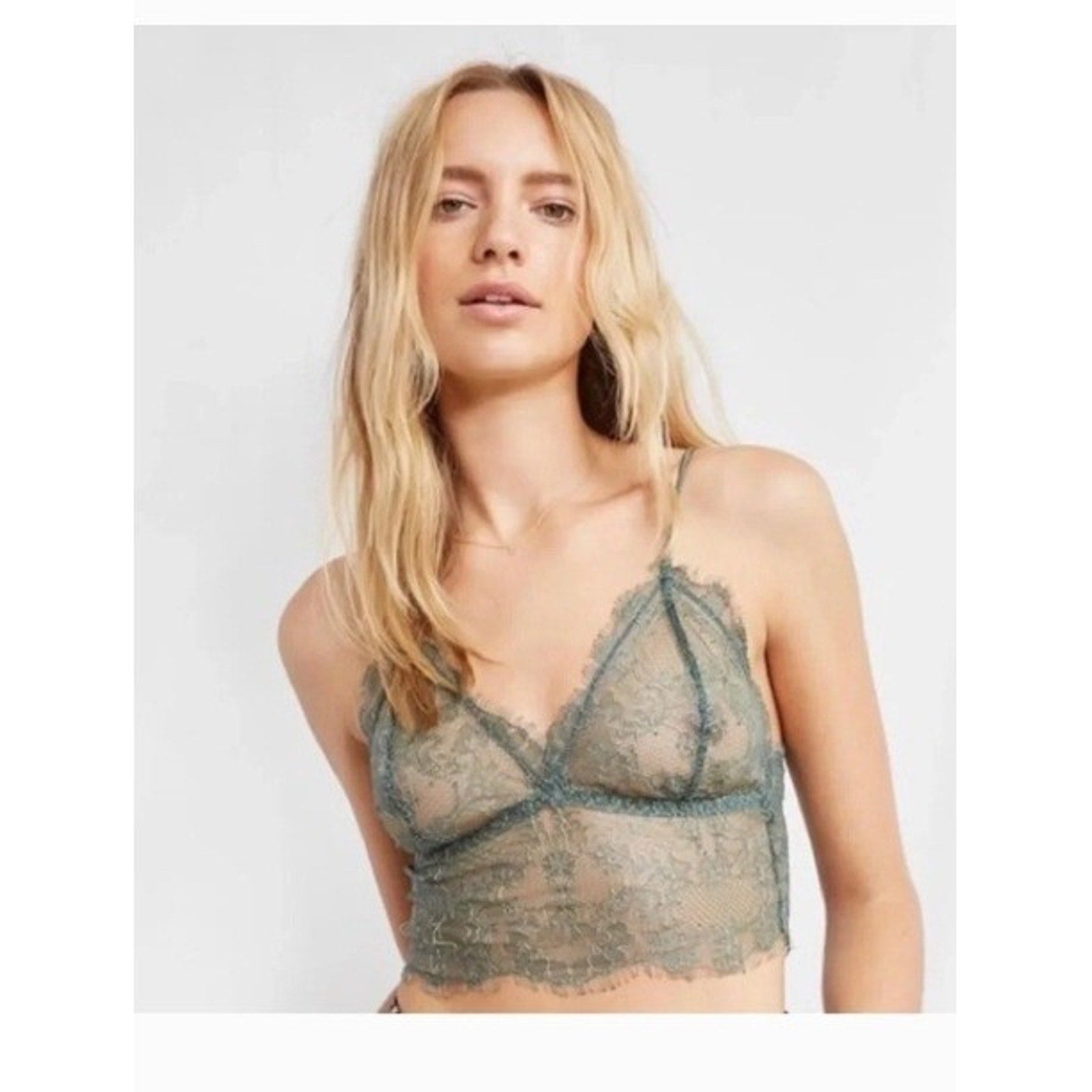 Anine Bing Forest Green Eyelash Lace Longline Bralette Sheer V-Neck Bra