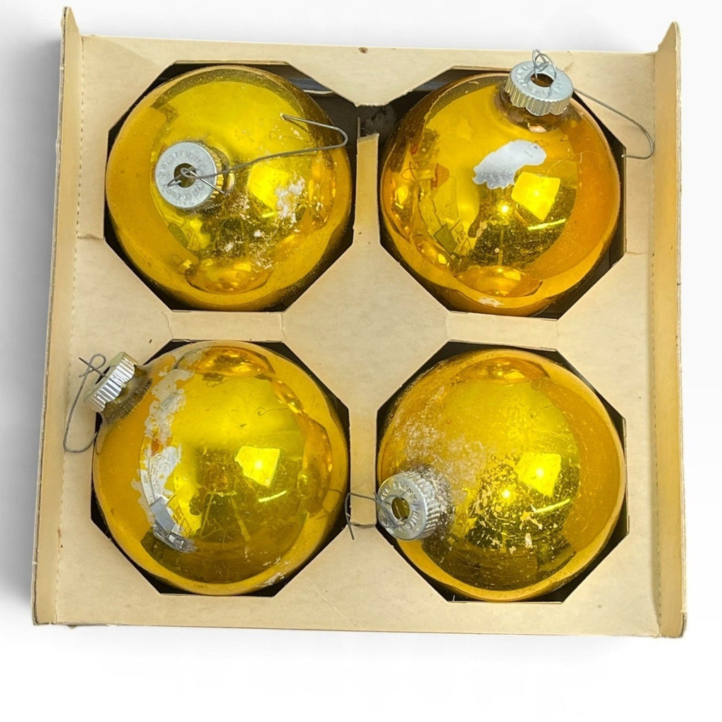 Vintage Jumbo Shiny Brite Gold Glass Christmas Ornaments 3in Made in USA Box