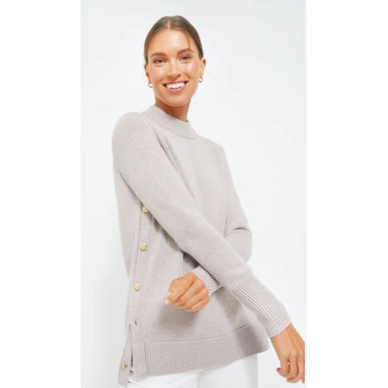 Tuckernuck Wheat Bexley Crew Sweater Wool Blend Gold Buttons Beige Gray SZ S