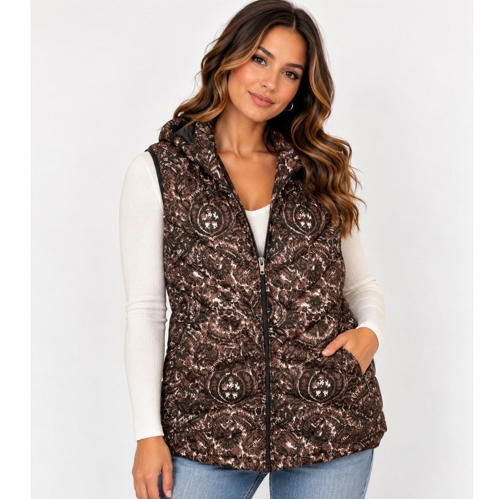 Patagonia Womens Down With It Vest Walnut Brown Paisley Ikat Print Hooded Small