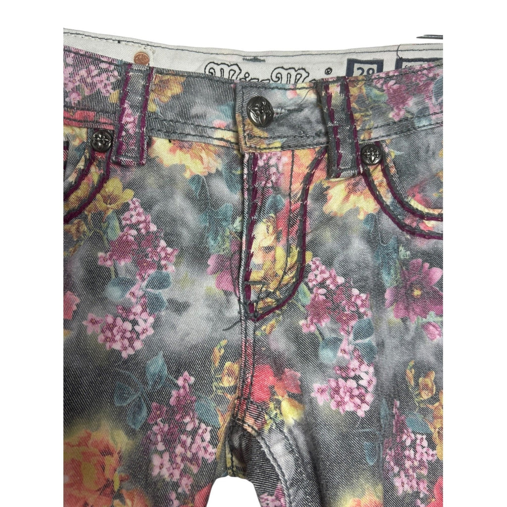 Miss Me Floral Print Skinny Jeans Grey Pink Orange Mid Rise Denim Size 27 whimsy