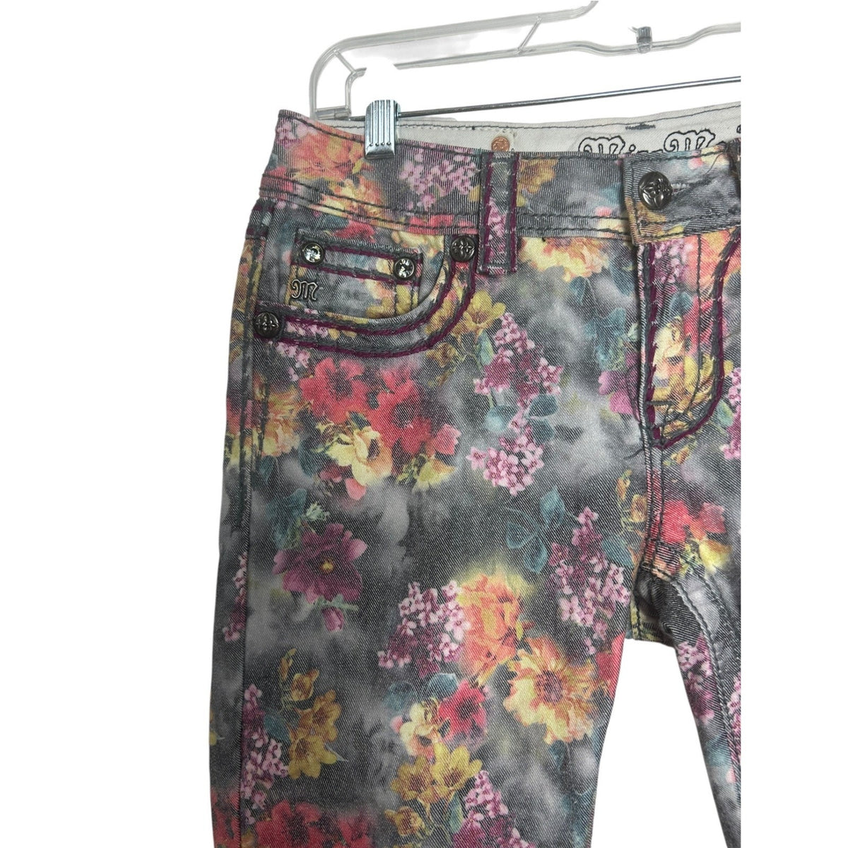 Miss Me Floral Print Skinny Jeans Grey Pink Orange Mid Rise Denim Size 27 whimsy