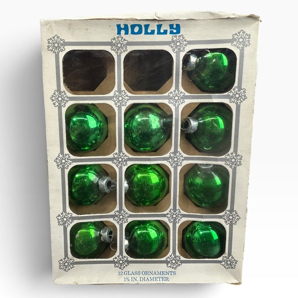 Vintage Holly Green Glass Christmas Ornaments Set of 10 Made in USA #175