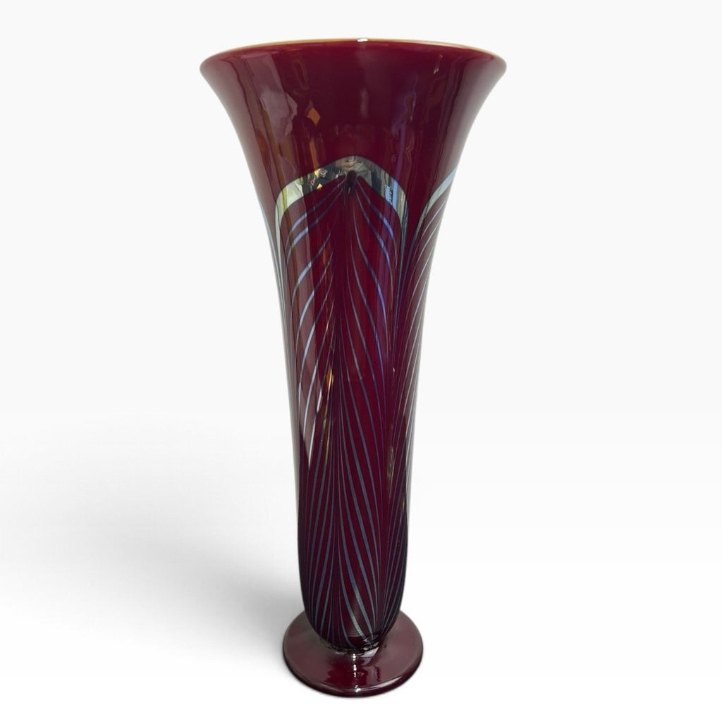 Rick Strini Signed Art Glass Trumpet Vase Cranberry Red Pulled Feather 14"2000