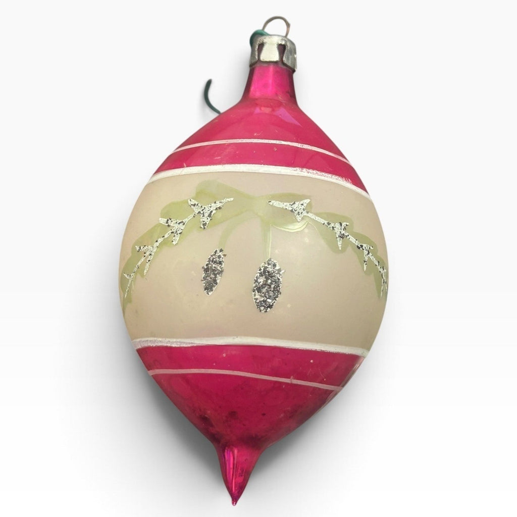 Vintage Poland Pink White Glass Teardrop Christmas Ornament Glitter Patina 3.5in