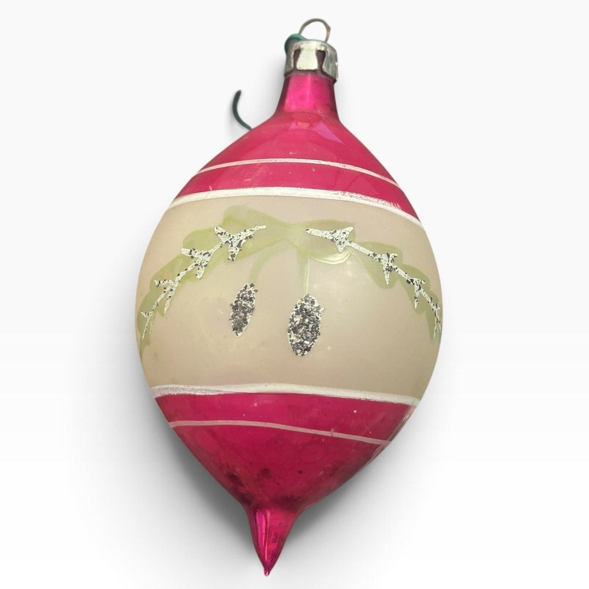 Vintage Poland Pink White Glass Teardrop Christmas Ornament Glitter Patina 3.5in
