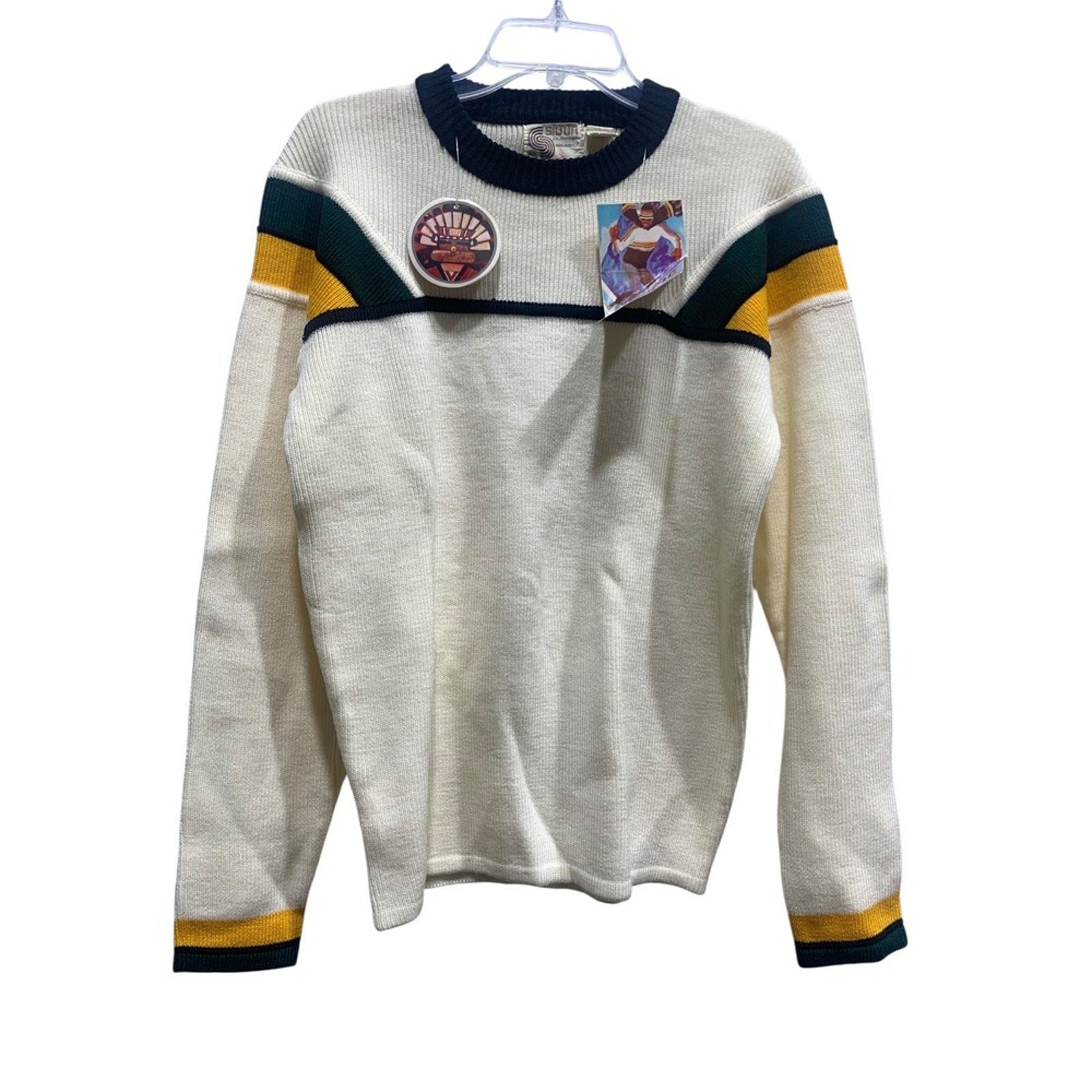 Vintage Silton California Olympic Sweater XL Cream Green Yellow Ski Graphic