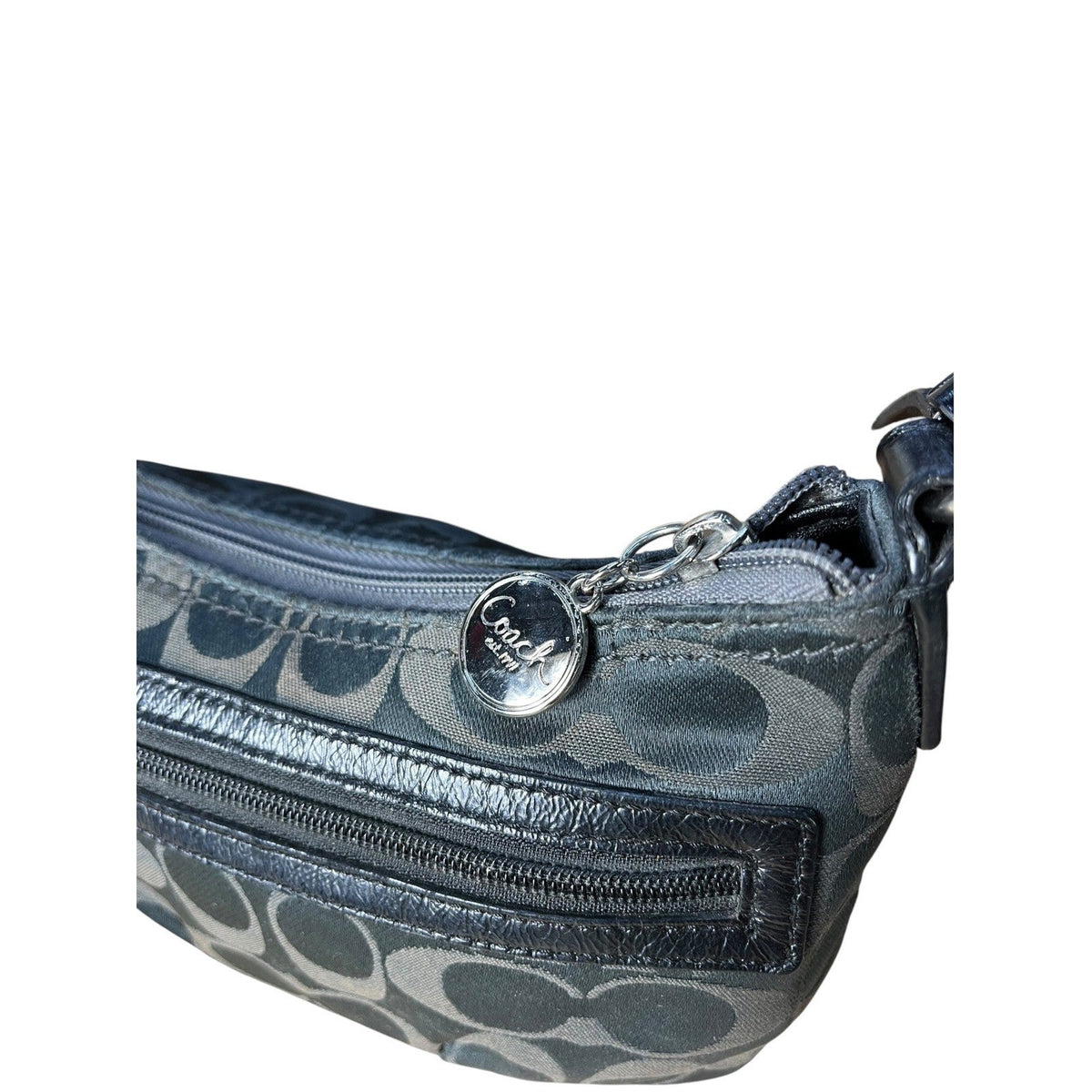 Coach Signature Logo Shoulder Bag Black Grey Silver Hardware Zipper Hobo