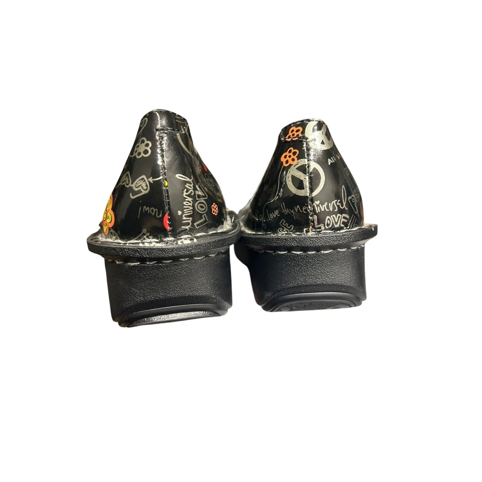 Alegria Paloma Black Peace Love Doodle Leather Mary Jane Clogs Shoes Womens 38