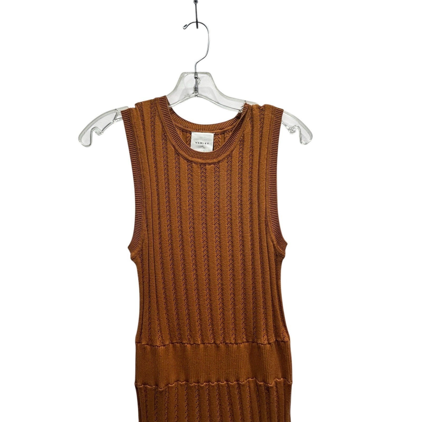 Varley Florian Knit Dress Brown Cotton Pointelle Ribbed Midi Sleeveless Small