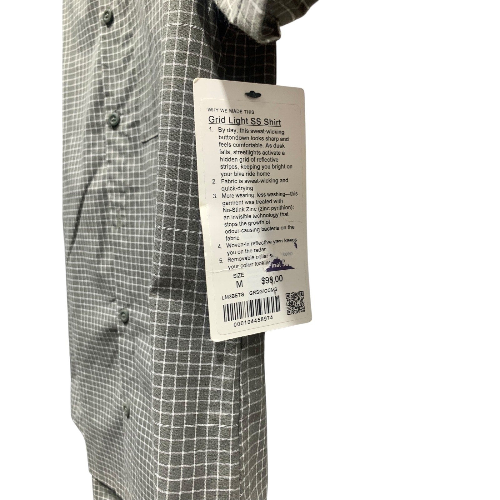 Lululemon Grid Light SS Shirt Mens Medium Grey Sage Reflective Button Down New