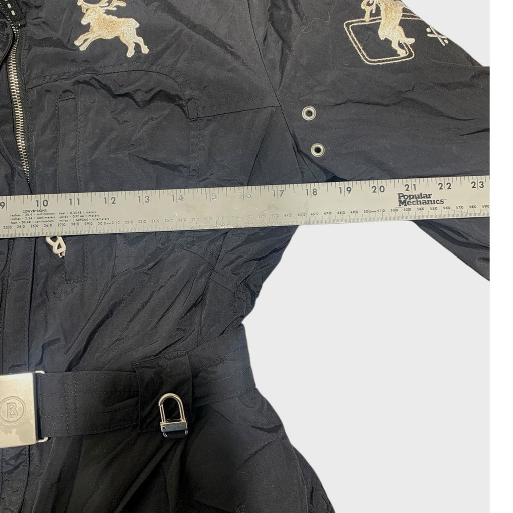 Bogner Ski Jacket Black Embroidered Deer Womens Belted Casual Outerwear sz 10