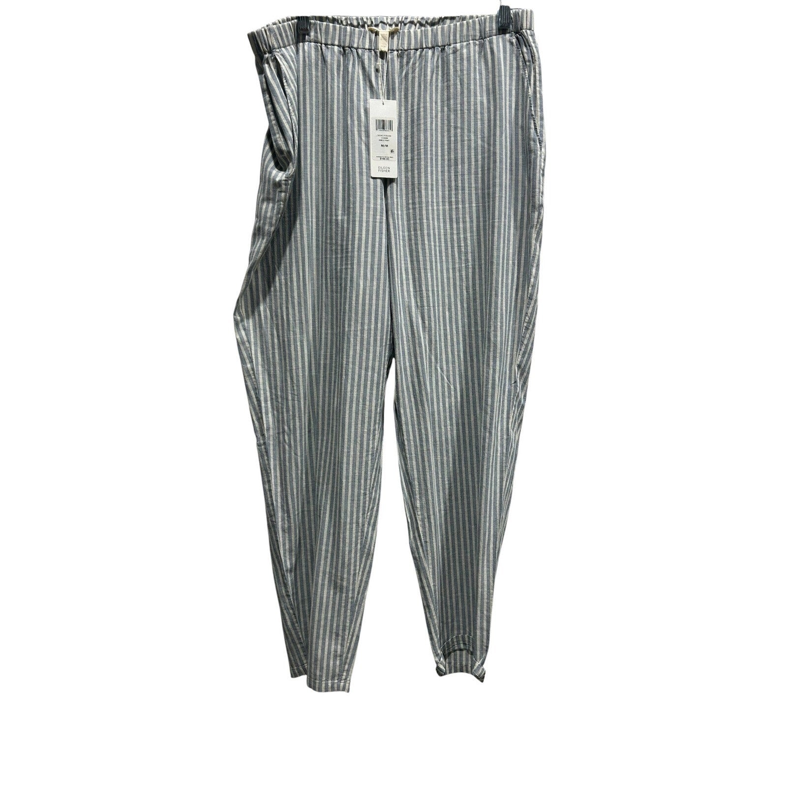 Eileen Fisher Hemp Organic Cotton Striped Ankle Pant Blue White M S8JWS-P2522M