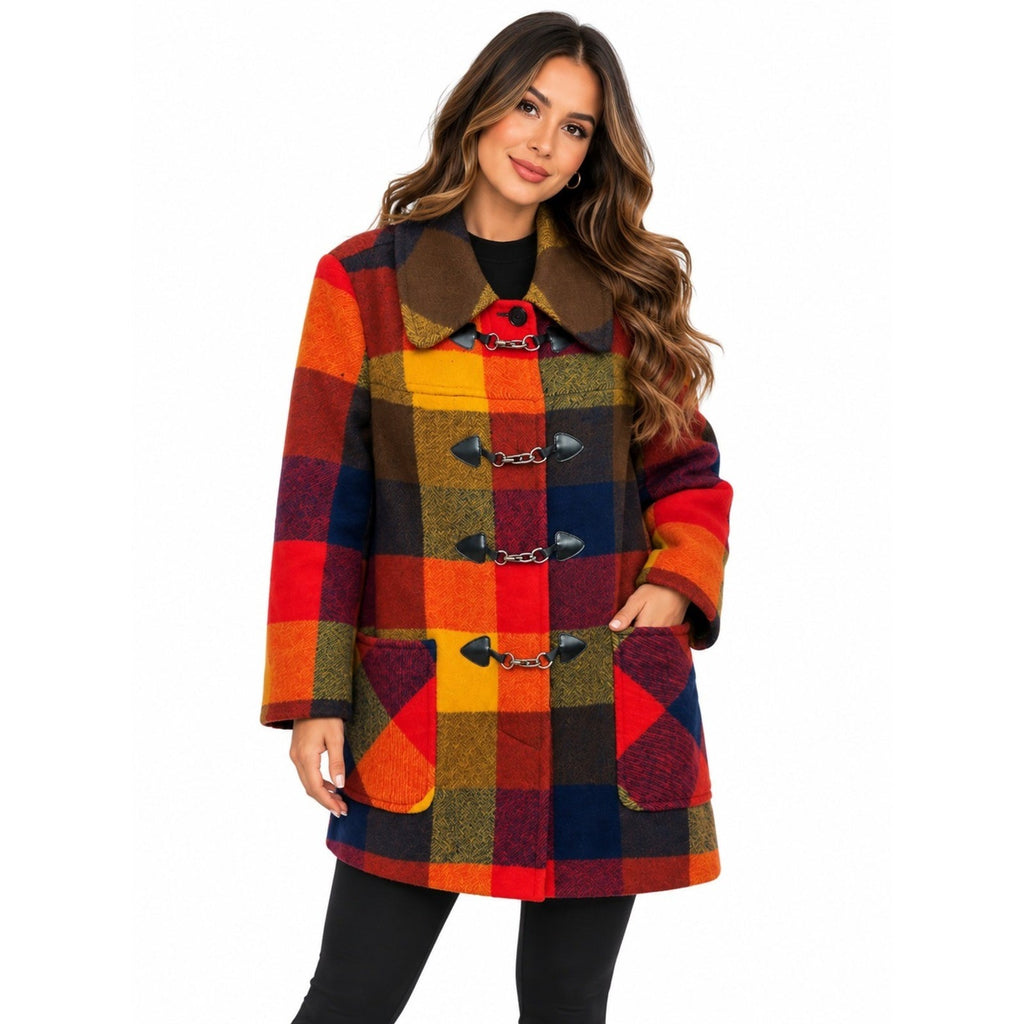 Vintage Pendleton Knockabouts Wool Plaid Coat Lobster Claw Toggle Red Orange L