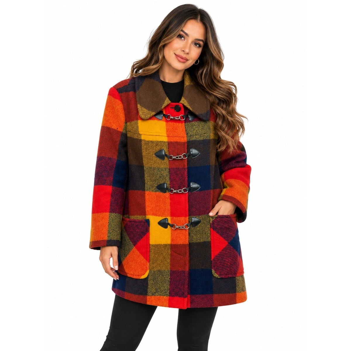 Vintage Pendleton Knockabouts Wool Plaid Coat Lobster Claw Toggle Red Orange L
